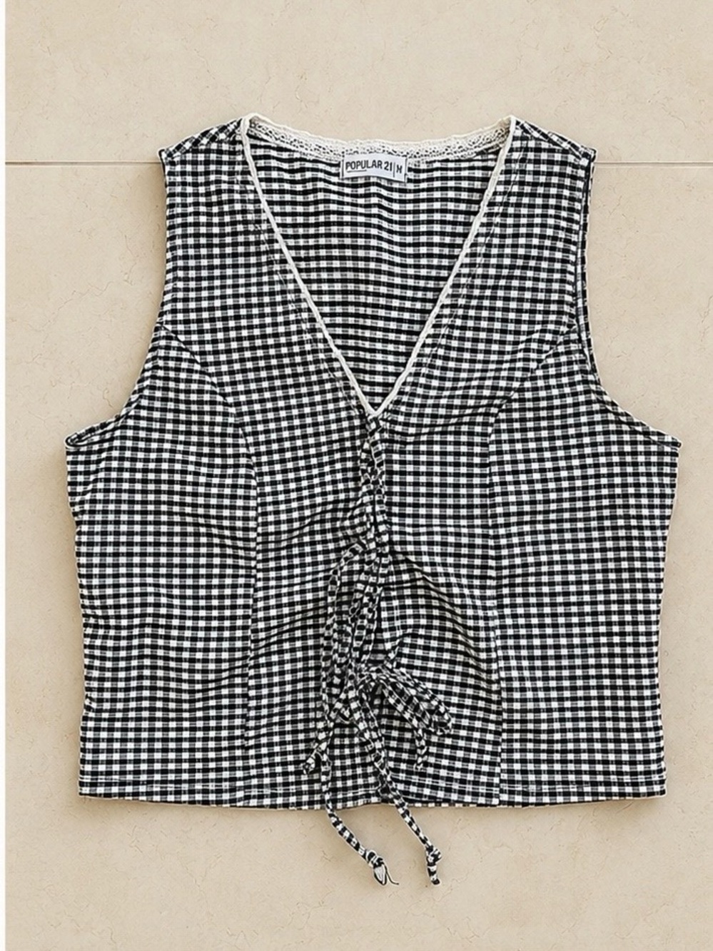 Popular 21 Black & White Gingham Tie Front Crop Top - Size M